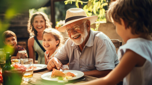 Happy Senior Grandfather Talking and Having Fun with His Grandchildren, Outdoors Dinner with Food and Drinks. Adults at a Garden Party Together with Kids.