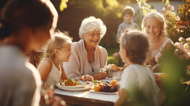 Happy Senior Grandmother Talking and Having Fun with Her Grandchildren, Outdoors Dinner with Food and Drinks. Adults at a Garden Party Together with Kids.