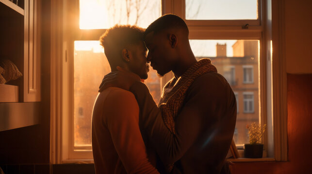 Two black african gay men kissing in middle of a home backdrop