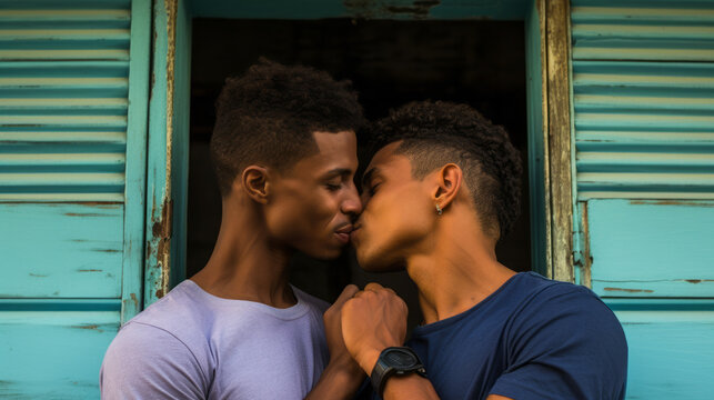Two black african gay men kissing in middle of a home backdrop
