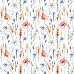 Watercolor wildflowers seamless pattern with poppy, cornflower chamomile, rye and wheat spikelets background