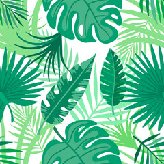 Naklejka na ściany i meble Tropical leaves seamless pattern. Teal and green foliage wallpaper.