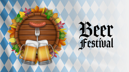 Oktoberfest benner with wooden barrel and beer mugs. 
