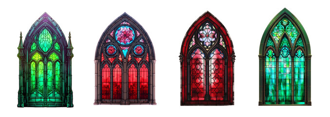 Resurrecting the Gothic Grandeur of Stained Glass window, Medieval Arches, and Mosaic Frames in Catholic Cathedral Architecture set. Generative AI - obrazy, fototapety, plakaty
