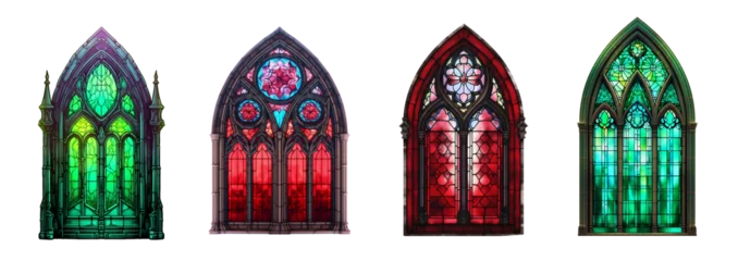 Poster de jardin Coloré Resurrecting the Gothic Grandeur of Stained Glass window, Medieval Arches, and Mosaic Frames in Catholic Cathedral Architecture set. Generative AI