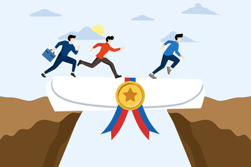 training or diploma concept, Education or business degree to help career growth, skills or knowledge, people walking on educational degree rolls as a bridge to cross the gap. vector illustration. - obrazy, fototapety, plakaty