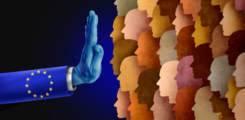 EU Immigration and European Union migrant restriction or closing the Europe border policy as a Euro government hand stopping and restricting global diverse people © freshidea