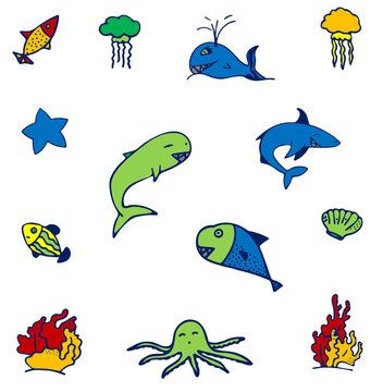 Set of cartoon fish, seashell, starfish, jellyfish and coral. Isolated objects on white background. Inhabitants of the underwater world for game, app, banner, swimming pool, print, kids and stickers.