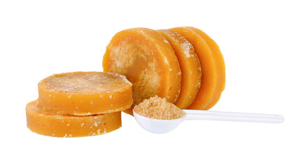 Sugarcane Hard Molasses or Jaggery and sugar in spoon on transparent png
