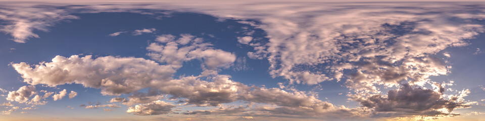 sunset skydome with evening clouds as seamless hdri 360 panorama view in spherical equirectangular format for use in 3d graphics or game development as sky dome replacement or edit drone shot