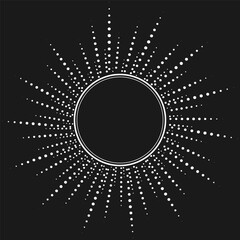 Splash of many circles, lines from circles diverge from the center, isolated on black background, empty center