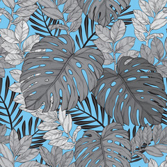 Tropical palm and jungle leaves seamless vector floral pattern