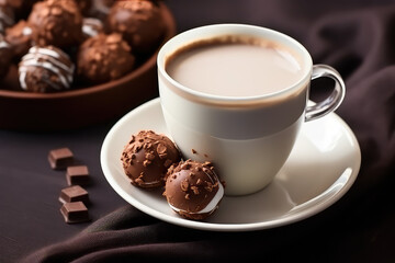 Cocoa chocolate bombs with white cup of hot milk Trendy delicious drink. Sweet bomb for melt in milk. Generative AI.