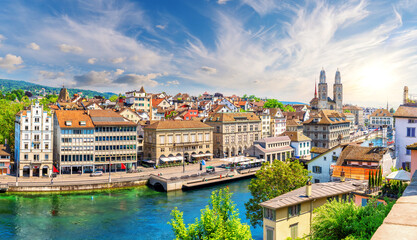 Fototapeta na wymiar Aerial sunset panorama on the downtown of Zurich, Switzerland