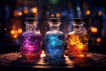 Obraz na płótnie Canvas Halloween magic colorful potions in glass flasks. Dark bokeh background illustration Generative AI