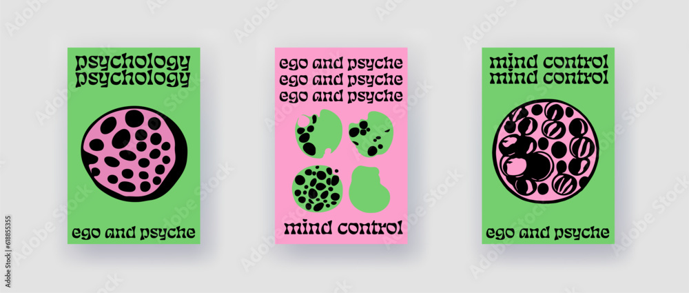 Poster Set of poster templates with psychedelic melting shapes and blobs in retro hippie Y2K style.