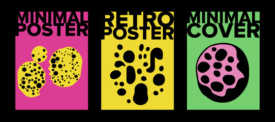 Psychedelic posters with abstract blobs in pink, green and acid yellow color palette. Minimal mid-century style. 