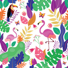 Tropical seamless pattern with flamingo, toucan and exotic plants leaves.