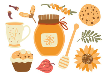 Honey pot, fall pumpkin, flowers, berries and forest leaves. Autumn season mood clipart. Set of vector illustrations.
