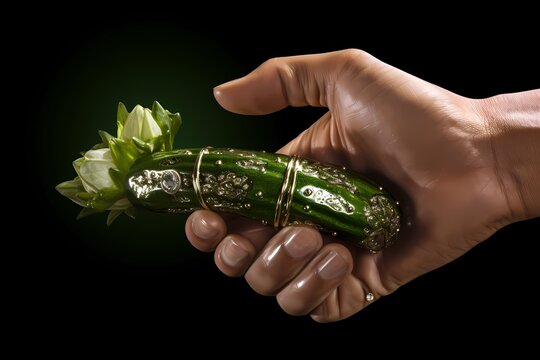 Man hand holding a green cucumber , The concept of pride, a symbol of love and passion.man's face with rainbow color drops, sexy associacion