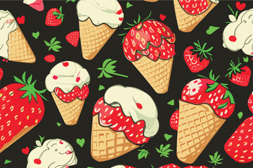 
Vector background with red berries of strawberries and 
strawberry ice cream in a waffle cup.