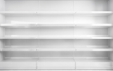 Empty white store shelves on the wall. Generative AI technology.