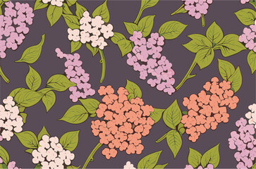 Vector floral seamless pattern with 
pink, white and lilac gartensia flowers
and green leaves on a blue background.