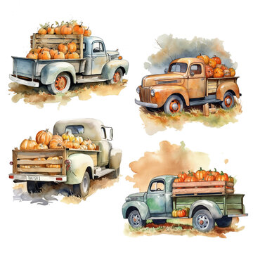 Watercolor truck with pumpkin, card farming festive farmhouse, october, vintage car, farmer, happy halloween, orange watercolor illustration red pickup truck, watercolor pumpkin, watercolor truck