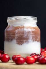 Yogurt with plum jam in a jar