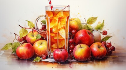 A glass of red apple juice with leaves and apples on the table, illustration. AI generated