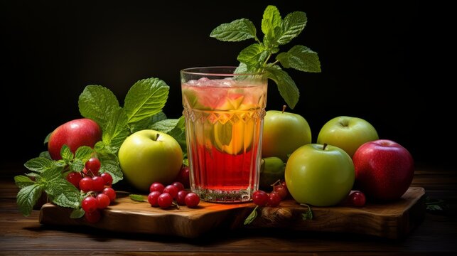 A glass of green and red apple juice with leaves on the table, black background. AI generated photo