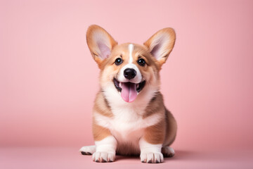 cute corgi puppy on a pink background. ai generative