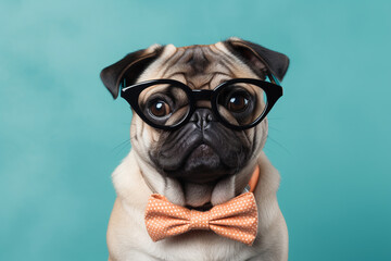 cute pug with glasses and a bow tie on a blue background. ai generative