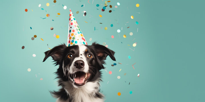 A happy cute dog in a party hat celebrates a birthday surrounded by falling confetti. ai generative