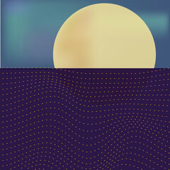 Dotted sea wave and moon background - vector illustration