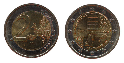 Kneeling of Warsaw by Willi Brandt on a two euro coin Germany with Europe map, 2020
