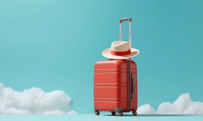 blue travel suitcase trip holiday baggage background journey tourism vacation hat. Generative AI.