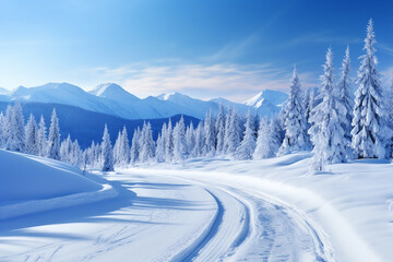 Snowy and frozen mountain road in winter landscape. ai generative - obrazy, fototapety, plakaty