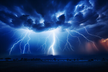 Naklejka na ściany i meble Lightning thunderstorm flash over the night sky. Concept on topic weather, cataclysms (hurricane, Typhoon, tornado, storm).ai generative