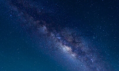 Blue night panorama, milky way sky and stars on a dark background,starry universe, nebula and...