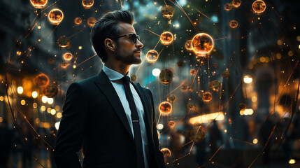 businessman in metaverse, digital transformation conceptual for next generation technology era. ai generative