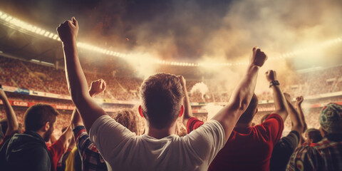 Fototapeta na wymiar Football back view, football fans applaud their team while holding a flag in a crowded stadium in the evening. The concept of sport, cup, world, team, event, competition, emotions.ai generative