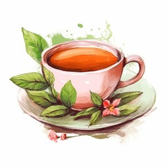 Cup of tea with green leaves and flowers. Vector illustration. Clipart of a cup of hot black tea on white background.