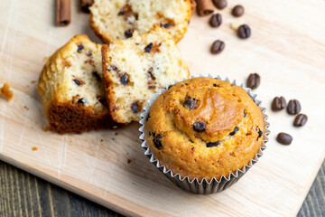 Cupcake with chocolate pieces, close up