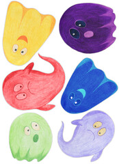 Printable Set of Hand Drawn Halloween Ghosts Sticker Pack. Halloween Scary Ghostly Monsters. Cute Cartoon Spooky Character, Drawn by Colored Pencils.