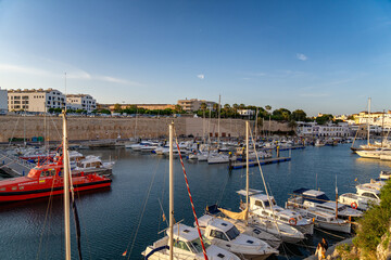 Fototapeta na wymiar Menorca, Spai - May 17, 2023: Landscape view of Ciutadella harbor Minorca, Spain