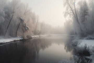 Winter Forest River Background: Scenic Nature Landscape with Snowy Trees