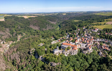 Drohnenfoto, Aufnahme von oben, National Park Sächsische Schweiz, Mittelalter Burg, historischer...