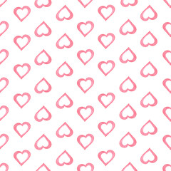 Seamless Pattern with Hearts. Hand Drawn Valentines Background. Red Hearts on White Background. Digital Paper Drawn by Colored Pencils.