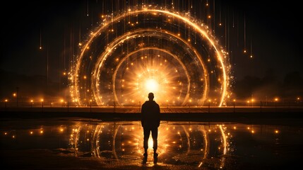 Silhouette celebrating with bright fireworks, reflecting in illuminated water.